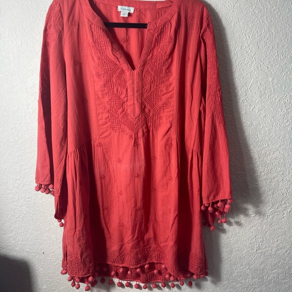 Sundance Other - Sundance Cover-Up Tunic Dress Orange Nikkia Pom Pom Boho Embroidered Sz S